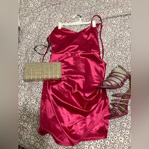Complete outfit! Satin mini dress, clutch, and pink rhinestone heels.